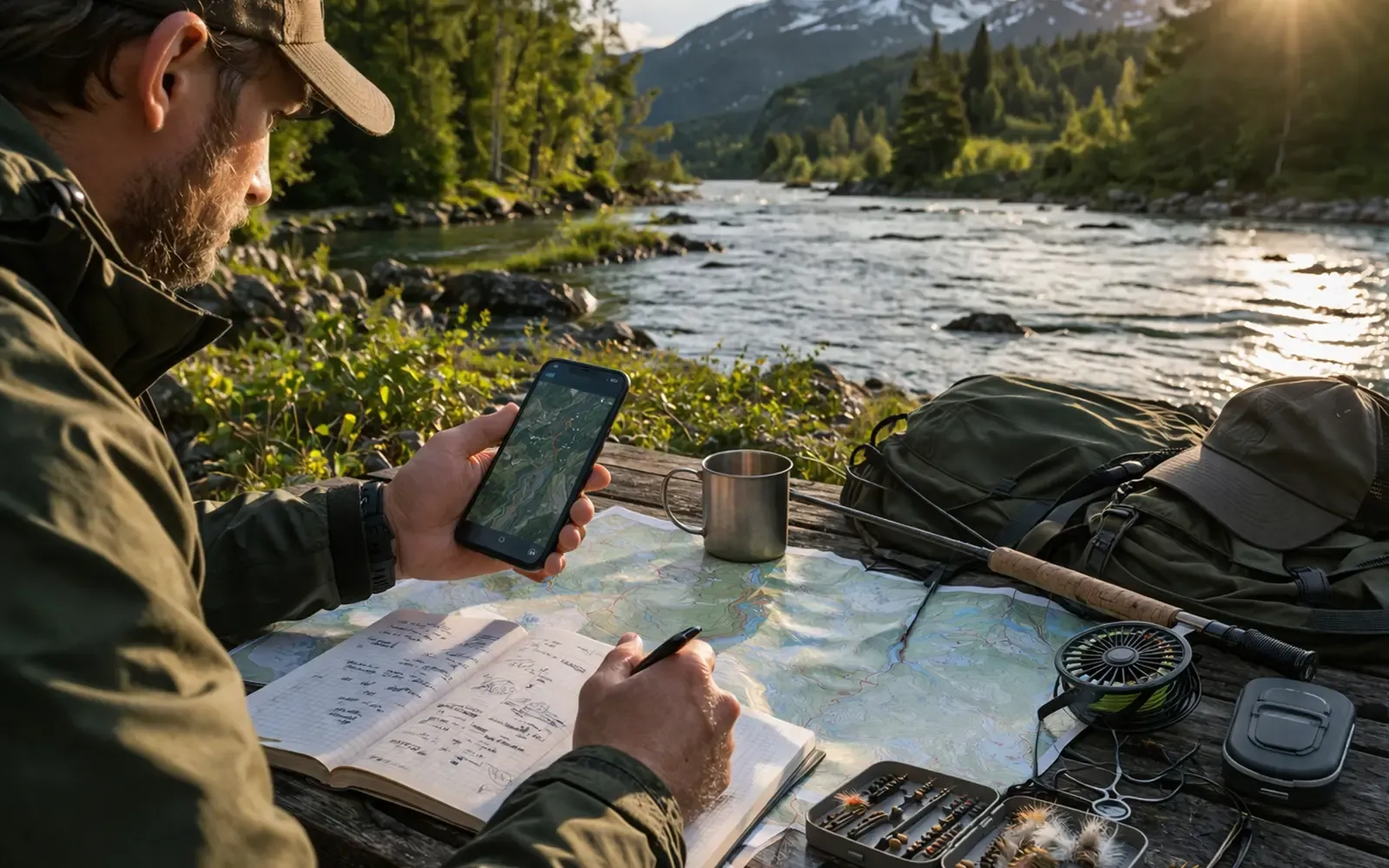Kystfisker i lett vårjakke ser utover en kald fjord under tidlig sjøørretsesong