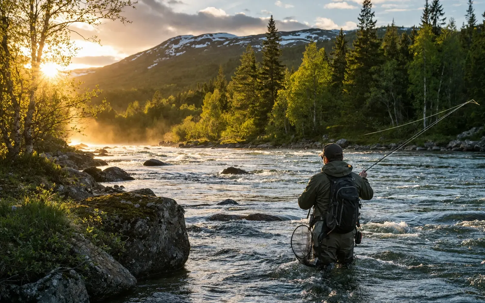 Sportsfisker står ved norsk elv i tidlig sommersesong med grønn bredd og rolig vann