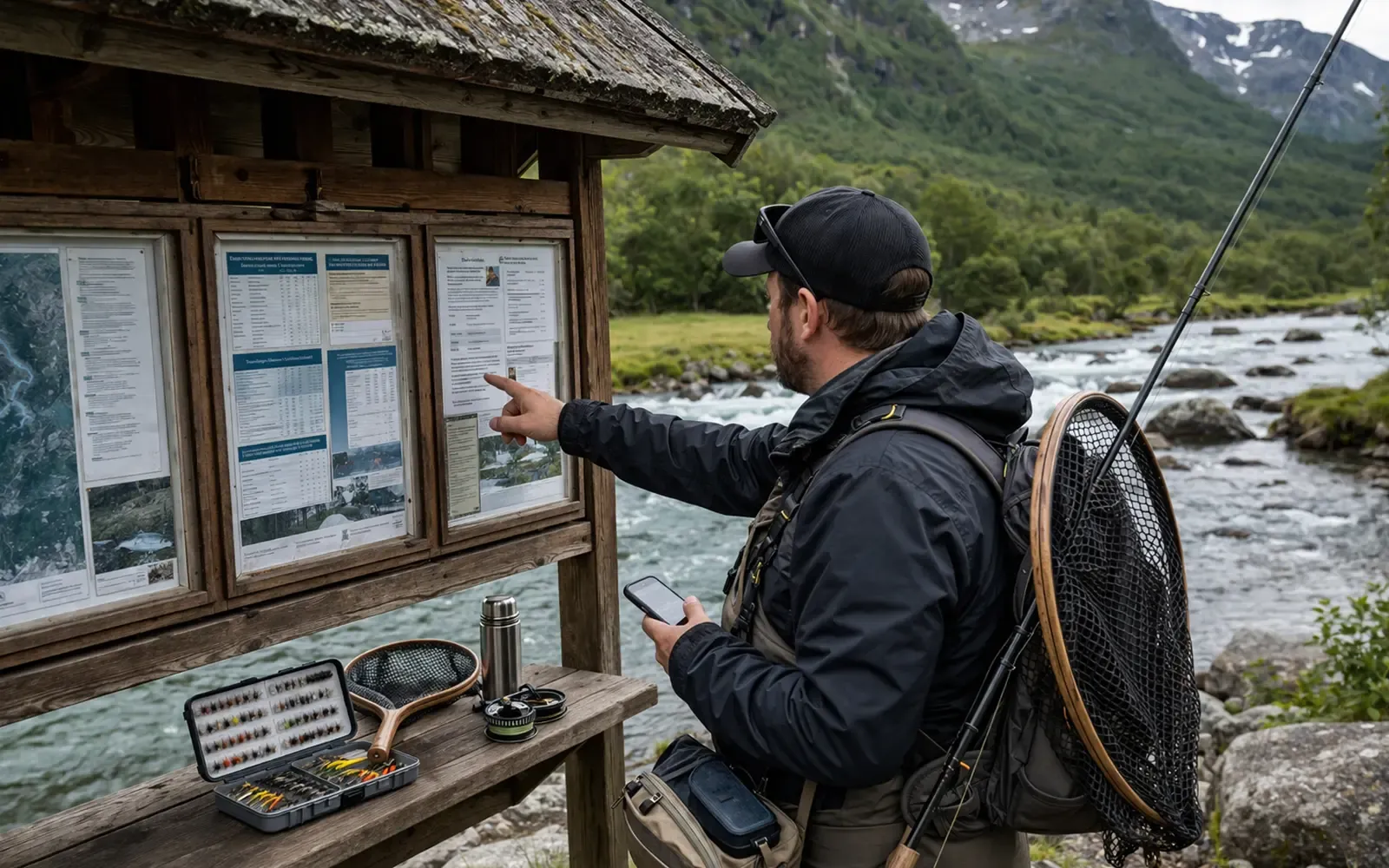 Oversikt med prisnivåer for innsjø, elv og laksefiske ved siden av fiskekort og snelle