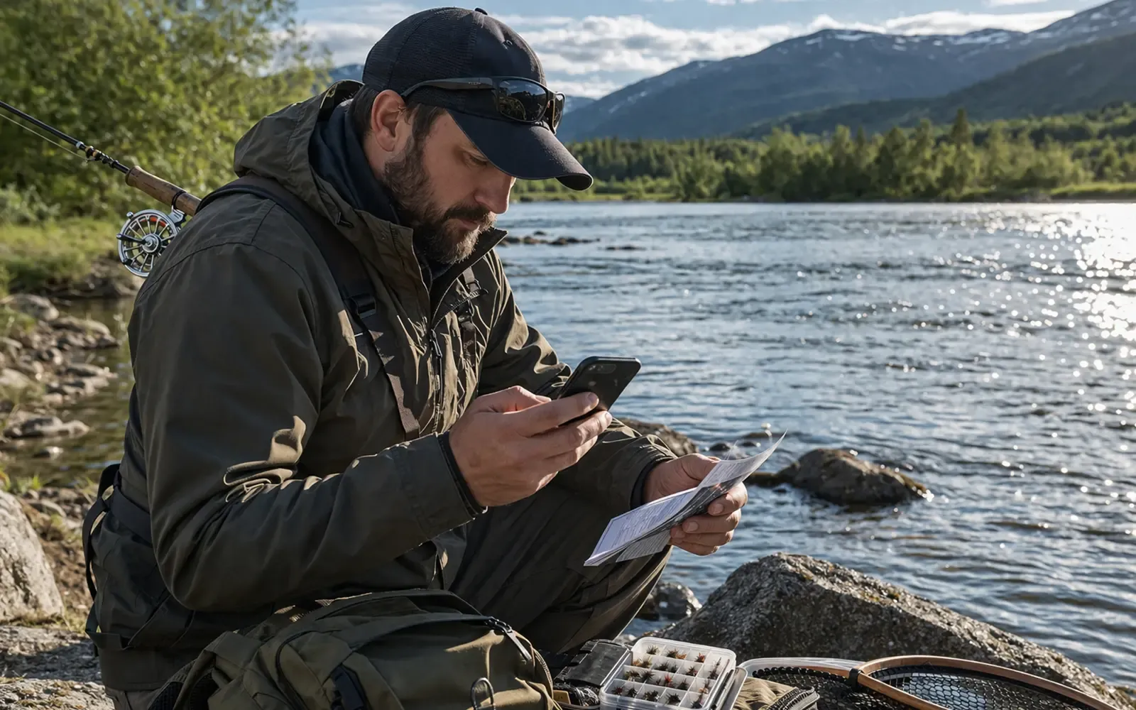 Sportsfisker sammenligner fiskekort og priser på mobilen ved en norsk elv