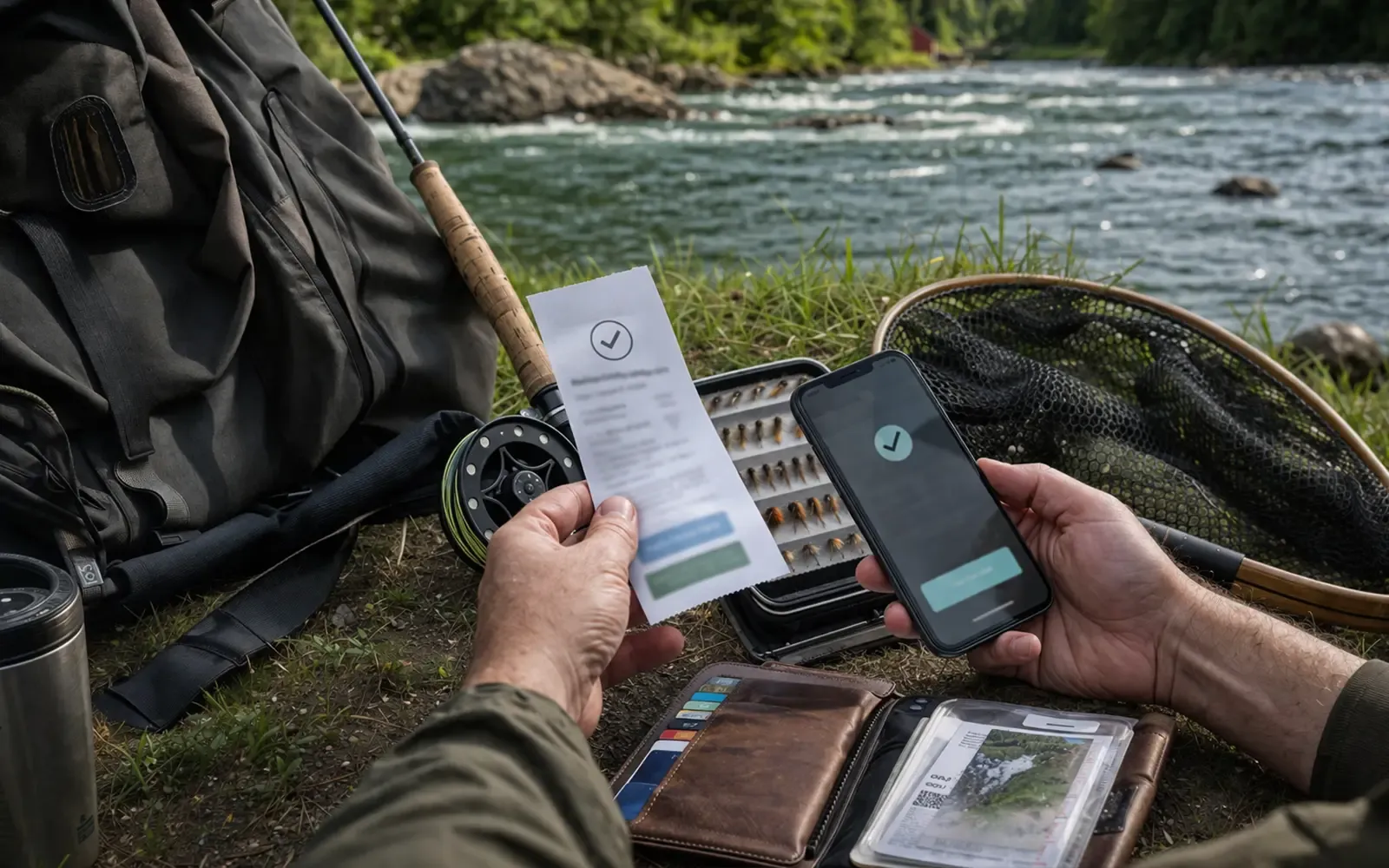 Mobilskjerm med betaling av fiskeravgift ved siden av fiskestang og bankkort