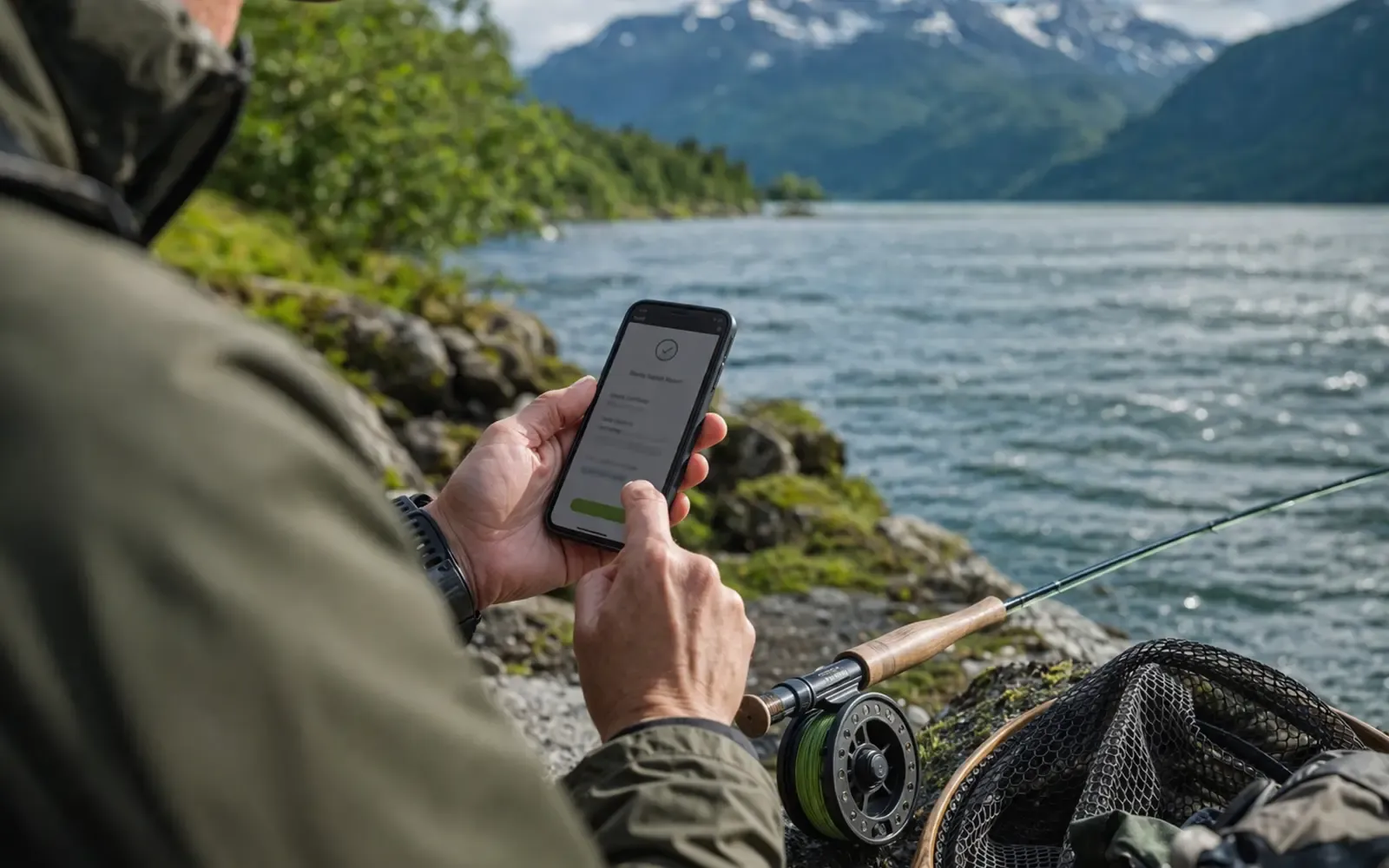 Fisker viser digital kvittering for statlig fiskeravgift på mobilen ved elvebredden